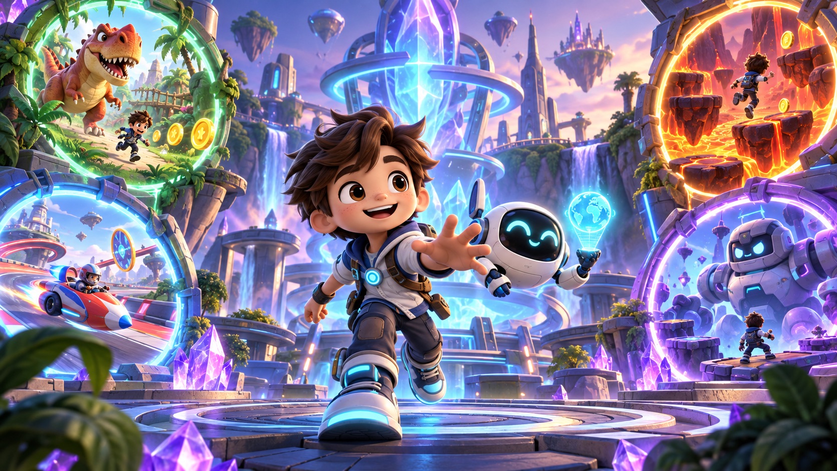 Marko and his robot friend Noxi in the portal Hub of Markora.World, with portals to a dinosaur jungle, a race track, a lava world and a robot boss